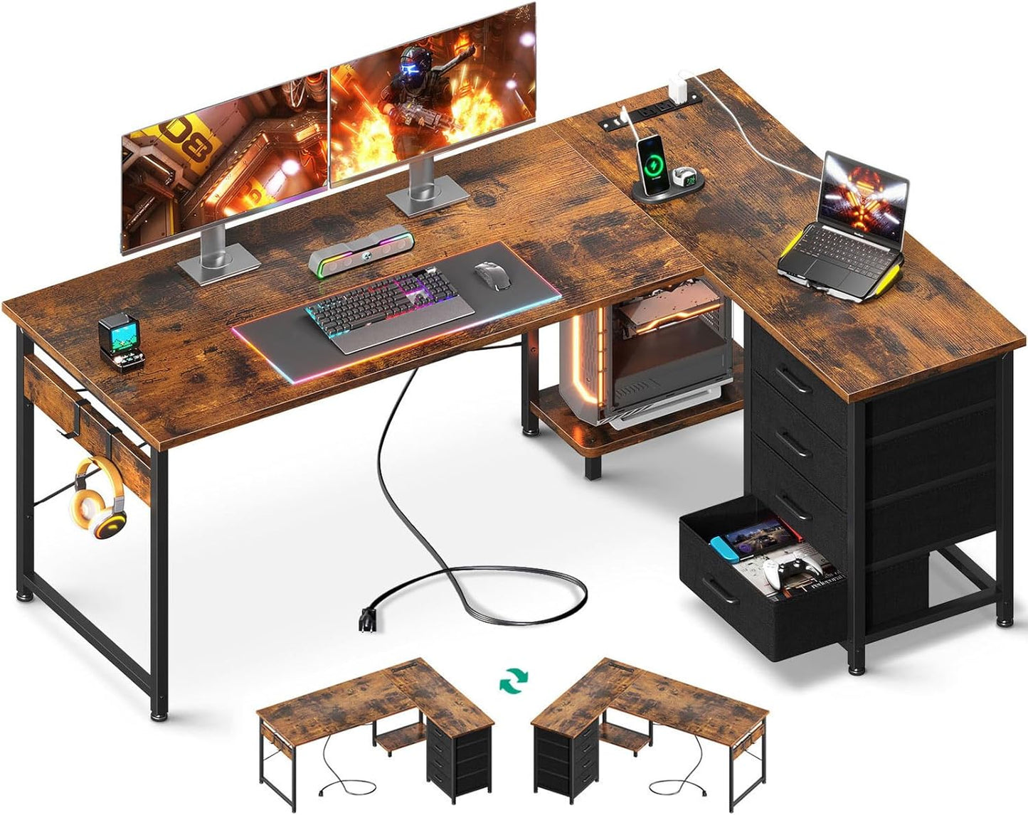 AODK L Shaped Gaming Desk with 4 Drawers, 61" Reversible Home Office Desks with Power Outlets, L Shaped Computer Desk with USB Charging Port and Host Stand, Corner Desk, Easy to Assemble, Black