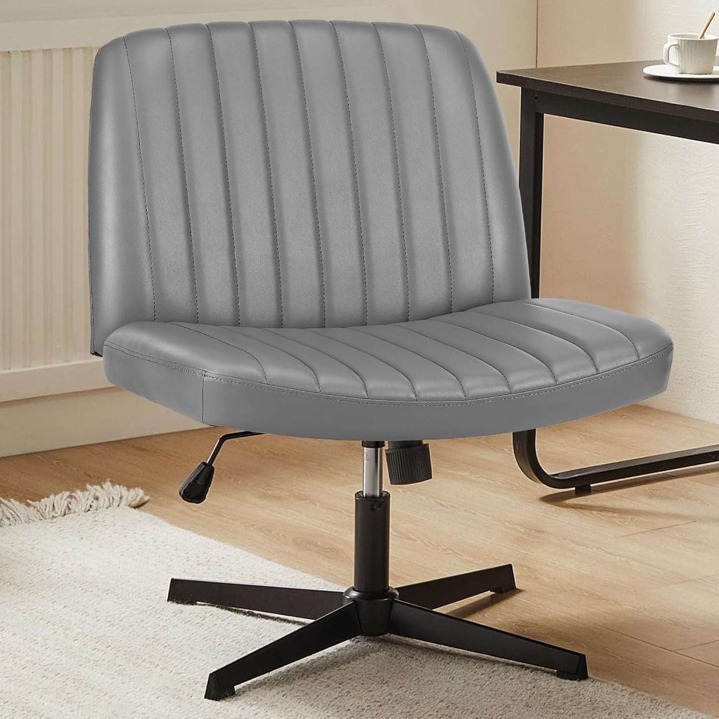 Sweetcrispy Criss Cross Chair Legged, Armless Office Wide Desk Chair No Wheels, Swivel Vanity Height Adjustable Fabric Modern Computer Task Seating for Home - Blue
