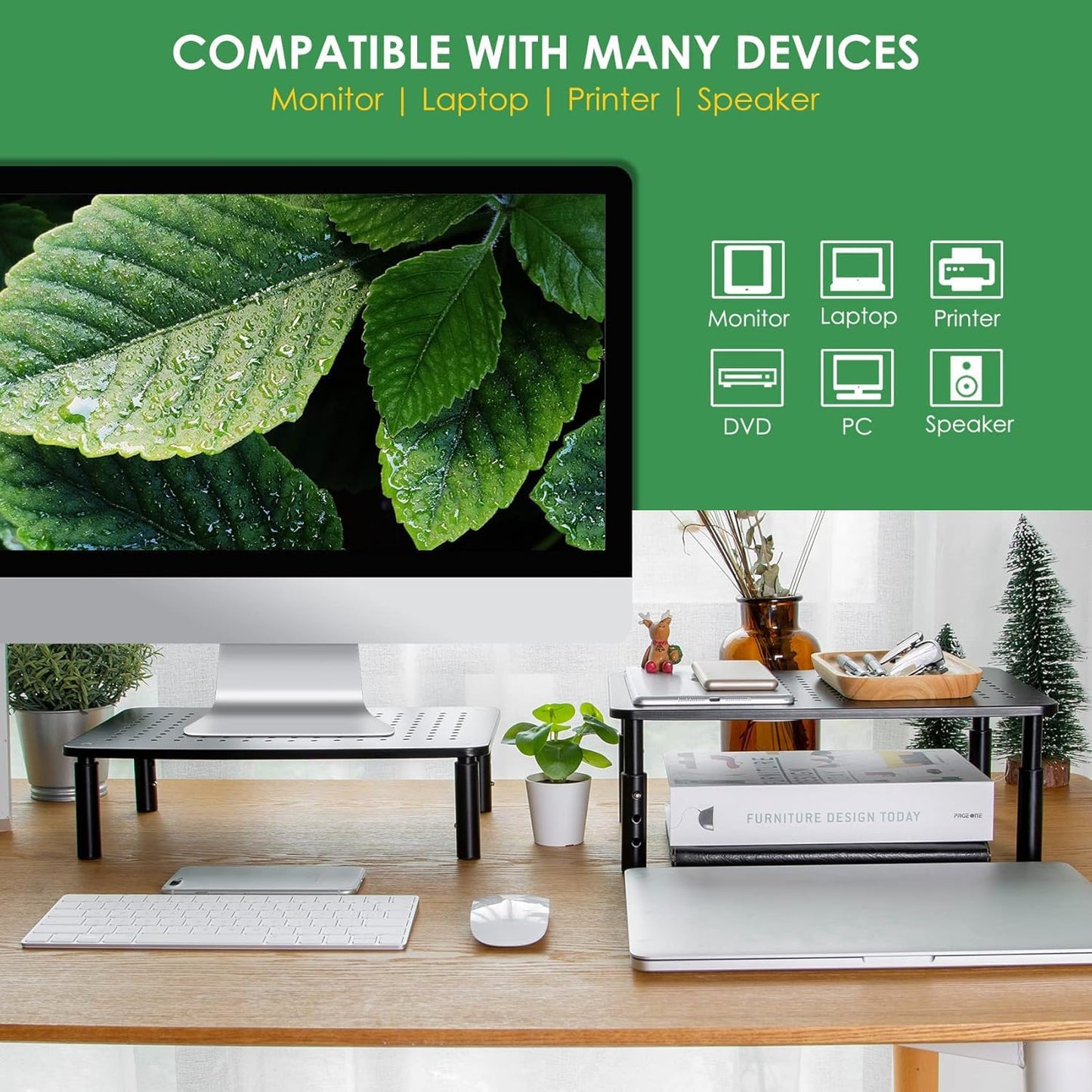 DOLALIKE 2 Pack Desktop Riser, 3 Height Adjustable Monitor stands for 2 Monitors, PC, Computer, Printer, iMac, Desktop Monitor Stand with Ventilated Platform for Airflow